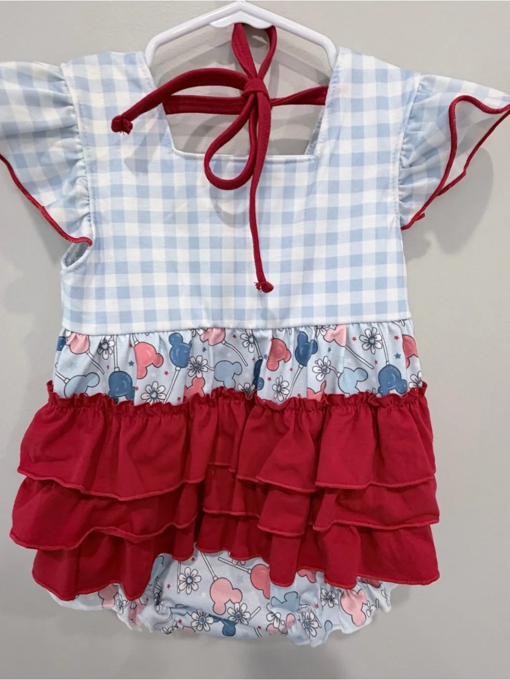 Baby Girl Gingham & Mickey Print Romper - Red & Light Blue